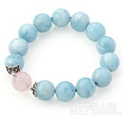 12mm Round Aquamarine and Rose Quartz Beaded Stretch Bangle Bracelet with Silver Accessory