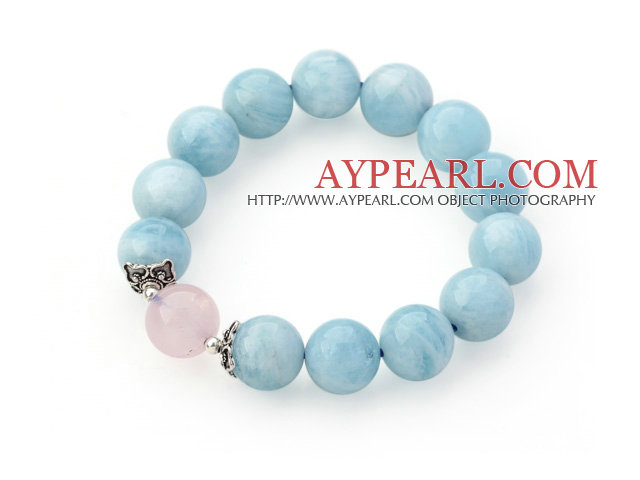 12mm Round Aquamarine og Rose Quartz Beaded Stretch Bangle armbånd med sølv tilbehør