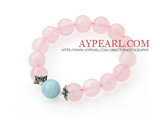 12mm Round Rose Quartz and Aquamarine Stretch Bangle Bracelet with Silver Accessory