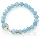 Round Aquamarine Beaded Stretch Bangle Bracelet with Silver Accessory