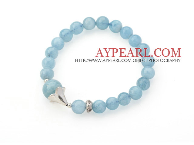 Round Aquamarine Beaded Stretch Bangle Bracelet with Silver Accessory