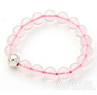 10mm Madagascar Round Rose Quartz Beaded Stretch Bangle Bracelet with Silver Beads