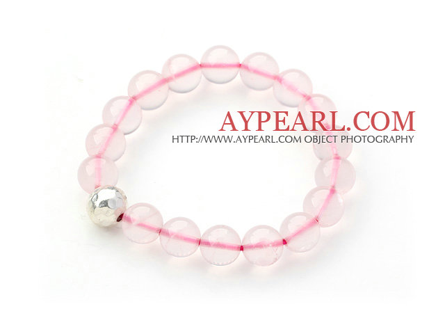 10mm Madagascar Round Rose Quartz Beaded Stretch Bangle Bracelet with Silver Beads