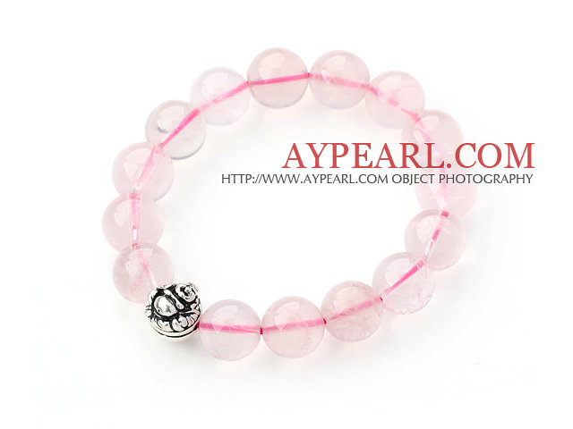 12mm Madagascar Round Rose Quartz Beaded Stretch Bangle Bracelet with Silver Buddha Beads