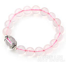 10mm Madagascar Round Rose Quartz Beaded Stretch Bangle Bracelet with Clear Crystal and Silver Accessory