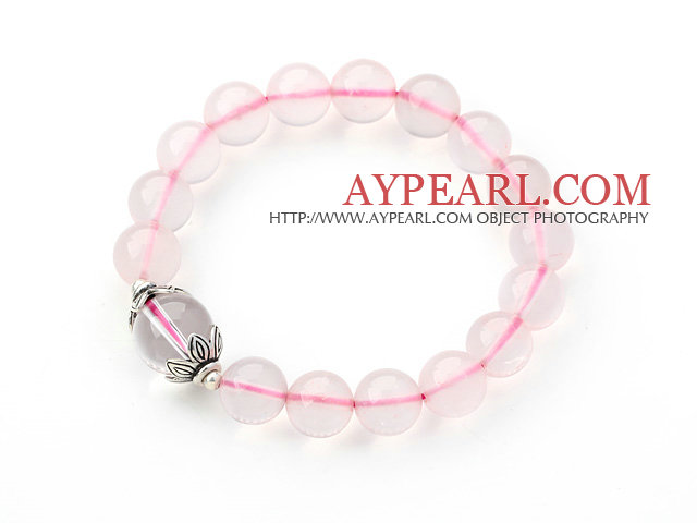 10mm Madagascar Round Rose Quartz Beaded Stretch Bangle Bracelet with Clear Crystal and Silver Accessory