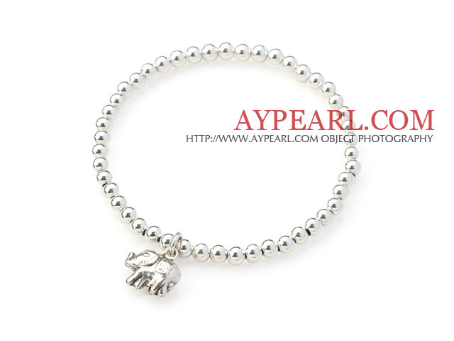 Sterling Silver pärlstav armband Stretch Bangle med Silver Elephant tillbehör