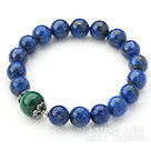 10mm Round Lapis and Malachite Beaded Stretch Bangle Bracelet with Sterling Silver Accessory