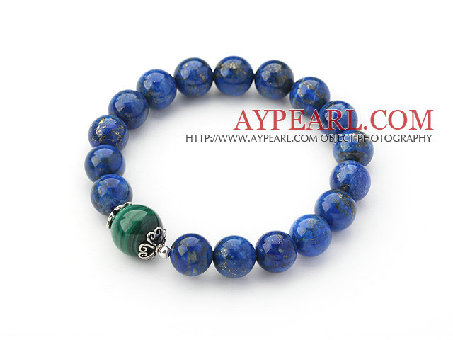 10mm Round Lapis and Malachite Beaded Stretch Bangle Bracelet with Sterling Silver Accessory