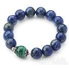 12mm Round Lapis and Malachite Beaded Stretch Bangle Bracelet with Sterling Silver Accessory