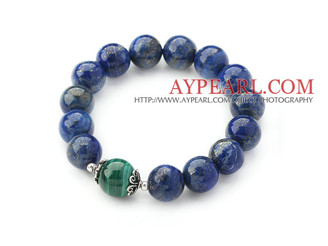 12mm Round Lapis and Malachite Beaded Stretch Bangle Bracelet with Sterling Silver Accessory