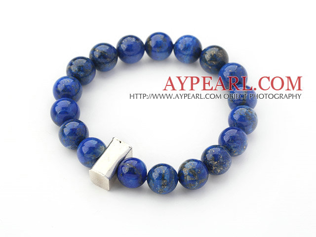 10mm Round Lapis Beaded Stretch Bangle Bracelet with Thai Silver Accessory