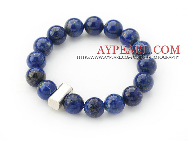12mm Round Lapis Beaded Stretch Bangle Bracelet with Thai Silver Accessory