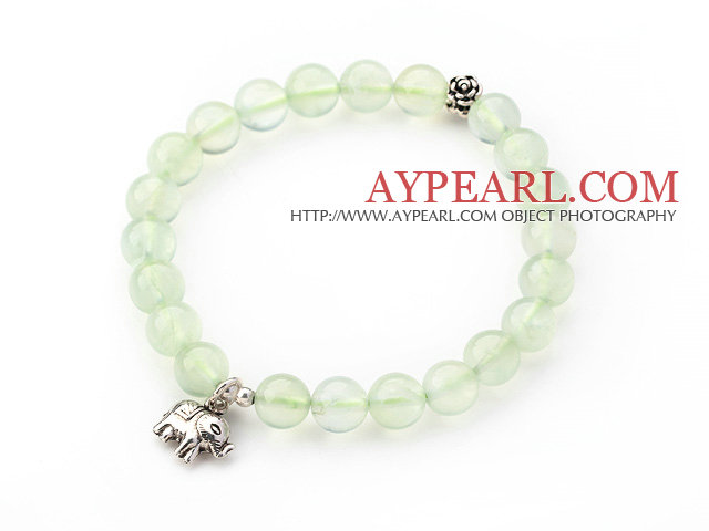 A Grade Prehnite Stretch Bangle Bracelet with Silver Elephant Accessory