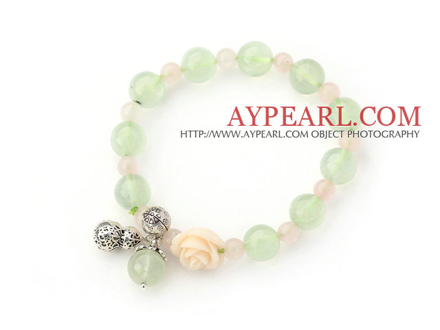 Assorted Rose Quartz and Prehnite Stretch Bangle Bracelet with Sterling Silver Accessory