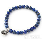 6mm Round Lapis Stretch Beaded Bangle Bracelet with Sterling Silver Accessory