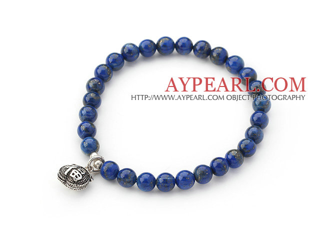 6mm Round Lapis Stretch Beaded Bangle Bracelet with Sterling Silver Accessory