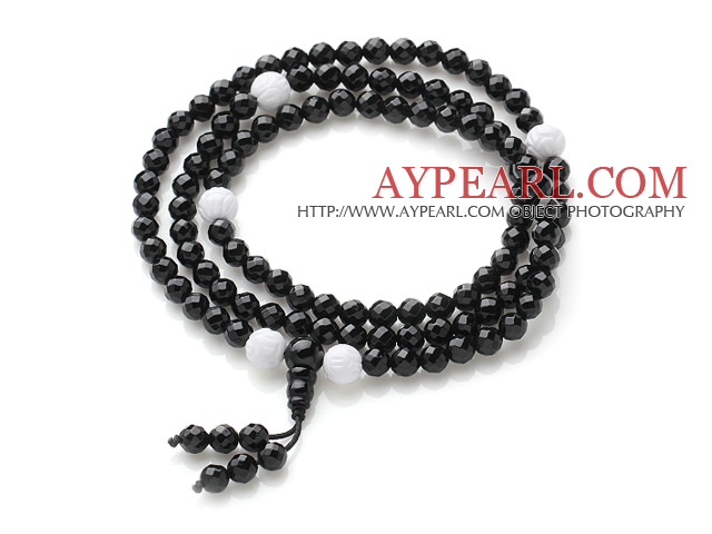 Faceted Black Agate and Lotus Shape White Sea Shell Prayer Bracelet (  Rosary Bracelet Total 108 Beads, can also be necklace)