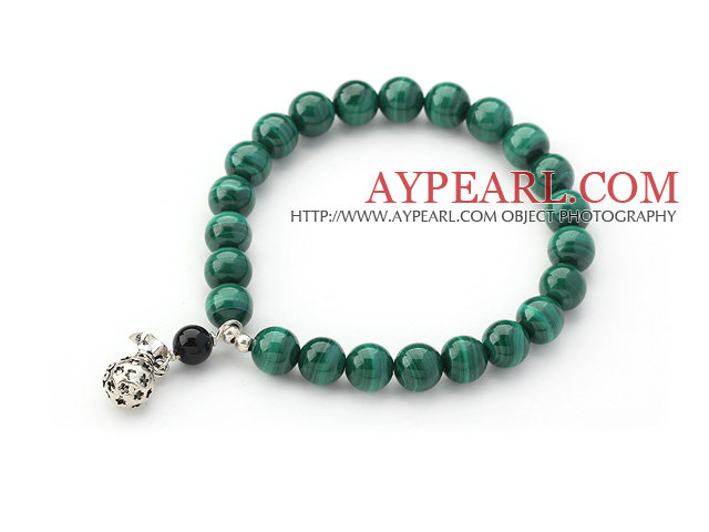 A Grade Malachite and Black Agate Stretch Bangle Bracelet with Sterling Silver Pause Accessory