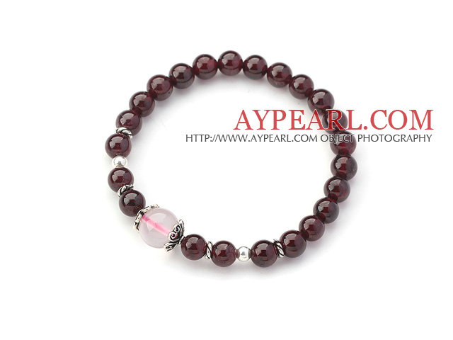 A Grade Round Garnet and Rose Quartz Stretch Bangle Bracelet with Sterling Silver Accessory