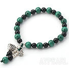 Malachite and Black Agate Beaded Stretch Bangle Bracelet with Silver Lotus Seedpod