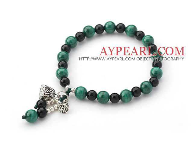 Malachit und schwarz Achat Perlen Stretch-Armband mit Silber Lotus Seedpod
