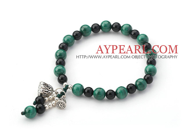 Malachite and Black Agate Beaded Stretch Bangle Bracelet with Silver Lotus Seedpod