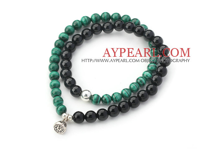 Black Agate and Malachite Beaded Wrap Bangle Bracelet with Silver Lotus Seedpod