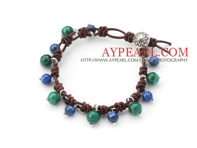 Lapis and Malachite leather Bracelet with Sterling Silver Accessories