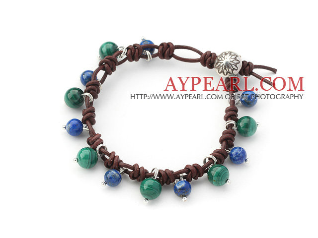 Lapis og Malakitt lær armbånd med Sterling Silver tilbehør
