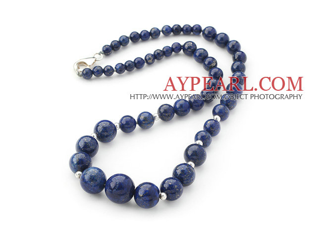 Classic Design Round Lapis Graduated Beaded Necklace with Sterling Silver Spacer Beads