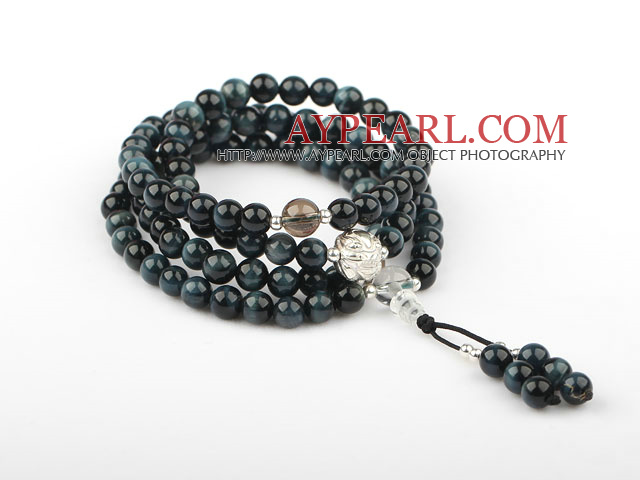 Natural Blue Tiger Eye Prayer Bracelet with Sterling Silver Pixiu Accessory( Rosary Bracelet can also be necklace)
