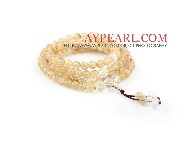 Natural Golden Rutilated Quartz and Clear Crystal Rose Flower Prayer Bracelet ( Rosary Bracelet)
