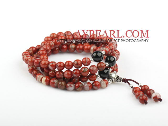 Natural Red Jasper Prayer Rannekoru musta akaatti ja Sterling hopea helmiä (voi olla myös kaulakoru)
