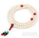 A Grade White Freshwater Pearl and Carnelian and Black Agate and Green Agate Rosary Bracelet