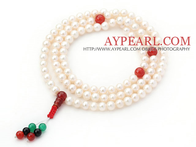 A Grade White Freshwater Pearl and Carnelian and Black Agate and Green Agate Rosary Bracelet