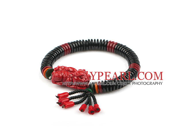 Svart Corozo Nut Bønn armbånd Elastisk Bangle armbånd med kinesiske Pixiu