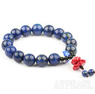 Natural Lapis and Porcelain Bead and Imitation Coral Lotus Elastic Bangle Bracelet