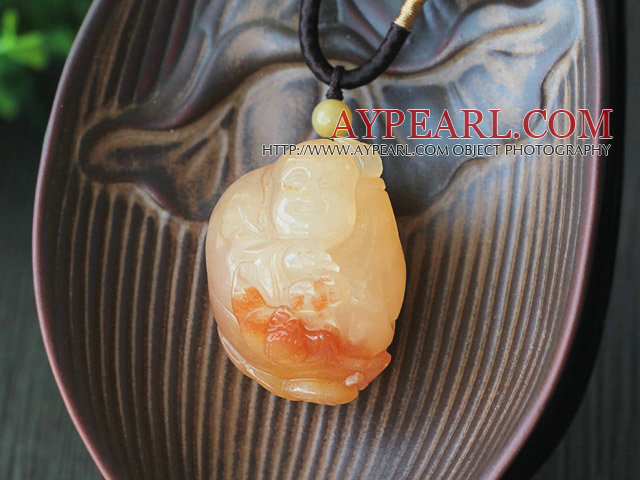 A Grade Honglong Jade Maitreya Pendant with Brown Thread