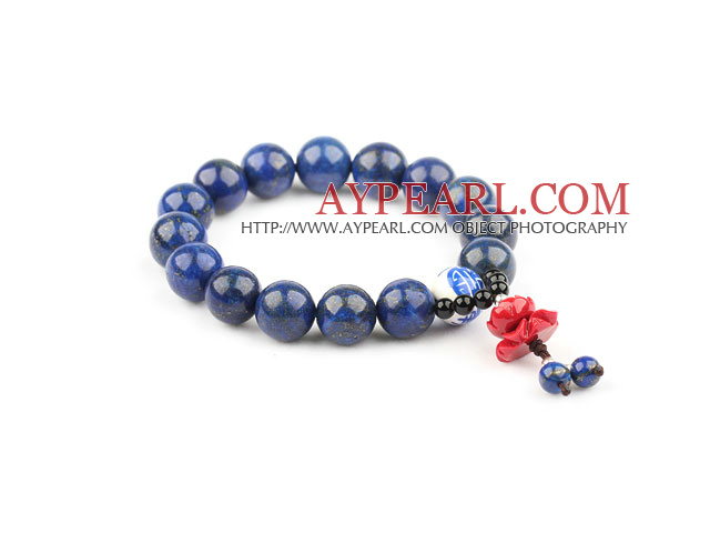 Naturlige Lapis og porselen perle og Imitation Coral Lotus Elastic Bangle Bracelet