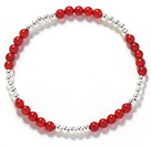 Assorted 3-4mm Round Carnelian and Silver Beaded Stretch Bangle Bracelet