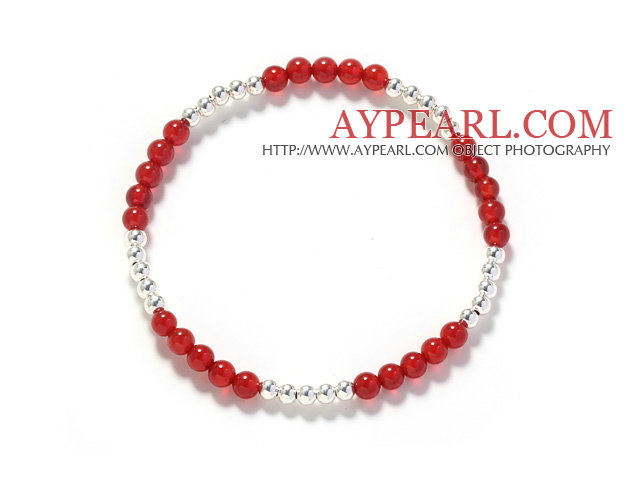 Assorted 3-4mm Round Carnelian and Silver Beaded Stretch Bangle Bracelet