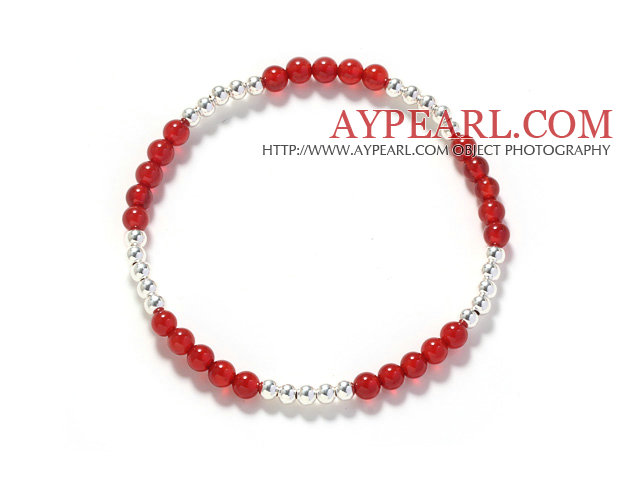 Assortert tre-4mm Round Carnelian og Silver Beaded Stretch Bangle Bracelet