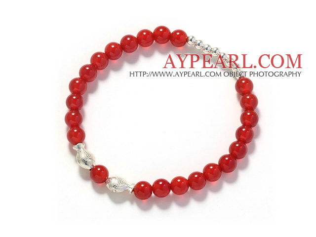 A Grade 6mm Round Carnelian and Double Fish Stretch Bangle Bracelet