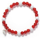 A Grade 6mm Red Carnelian and White Porcelain Stone and Silver Lotus Seedpod Stretch Bangle Bracelet