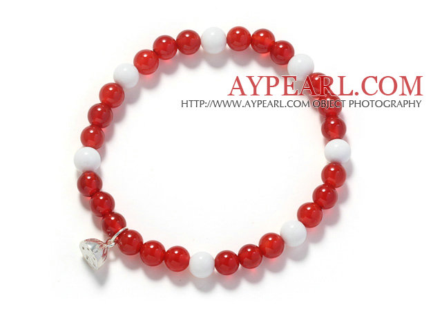 A Grade 6mm Red Carnelian and White Porcelain Stone and Silver Lotus Seedpod Stretch Bangle Bracelet
