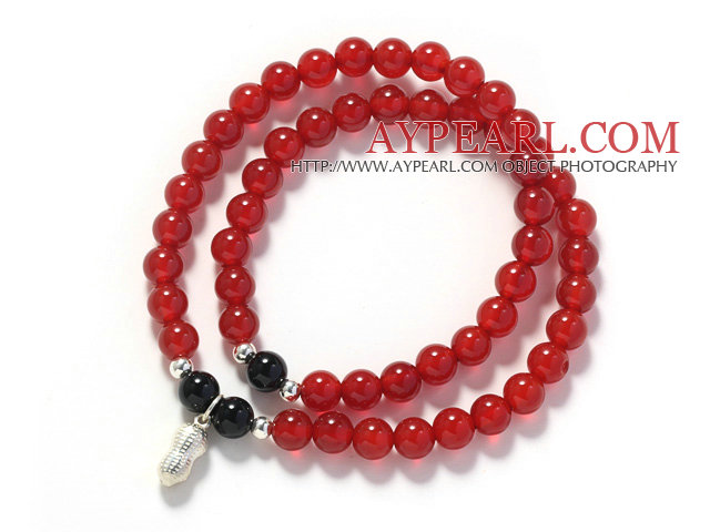 Deux rangées A grade cornaline rouge et argent Peanut Forme Bracelet extensible Acessory