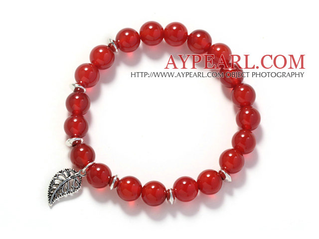 A Grade 8mm Red Carnelian and Silver Leaf Accessory Stretch Bangle Bracelet