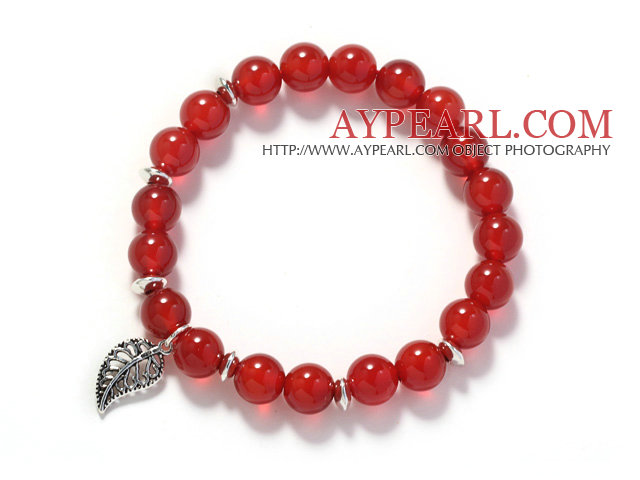 Α Βαθμού 8 χιλιοστά Red Carnelian και Silver Leaf Αξεσουάρ Stretch βραχιόλι βαρύ βραχιόλι