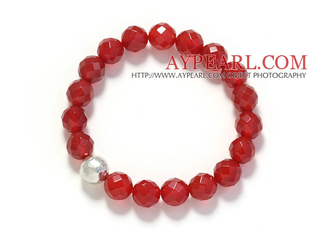 A Grade Faceted 10mm Red Carnelian and Silver Bead Stretch Bangle Bracelet